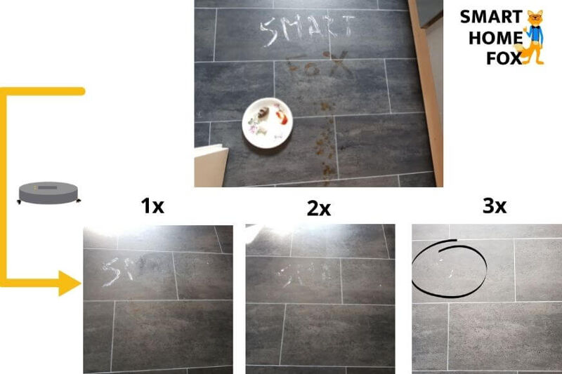 Наглядно показан результат тестирования моющего робота Yeedi Mop на полу из линолеума.